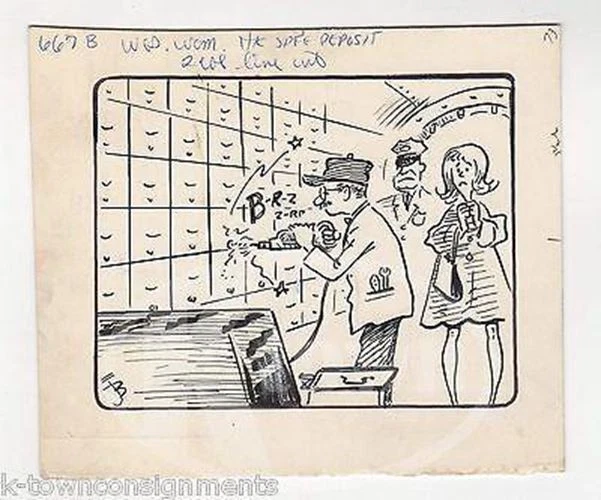 Bank Robbery Drilling Safe Deposit Box Original Signed News Cartoon Ink Sketch