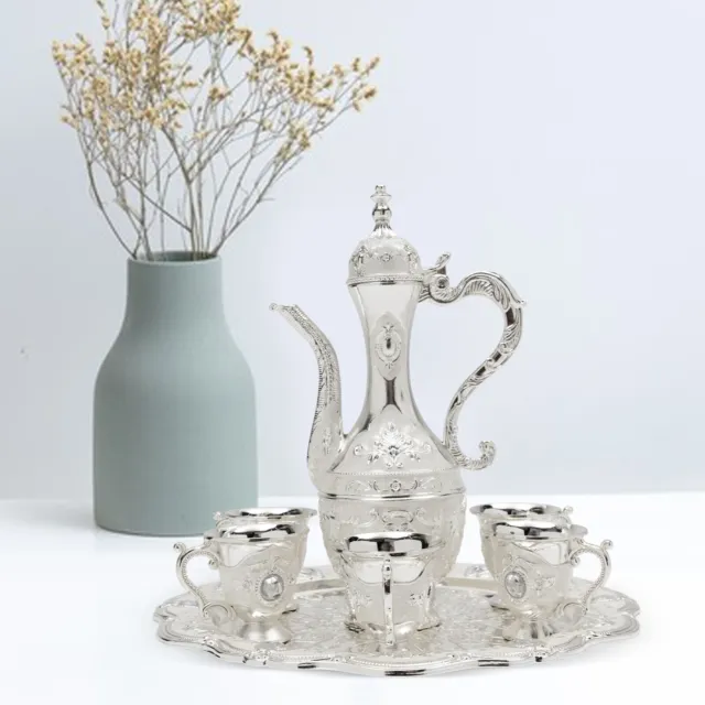 Tea Set Tea Pot 6 Cups Saucers w/Rack Silver 1 oz cup Gift Teapot Coffee