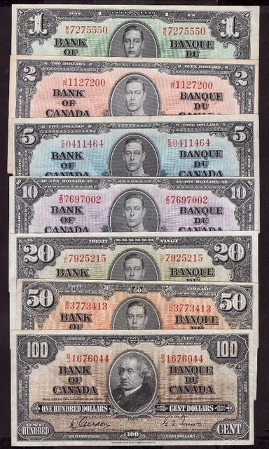 1937 Canada banknote set $100 $50 $20 $10 $5 $2 $1  7-notes  VF or better