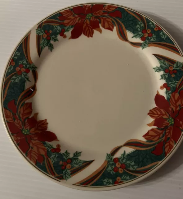 GIBSON Salad Plates 7 1/2” CHRISTMAS HOLLY Poinsettia Ribbons ~Green Backstamp