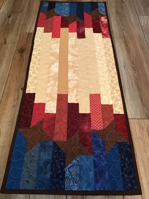 Handmade Quilted Patchwork Table Runner 18x47.5 Stars Stripes Red Tan Blue Brown