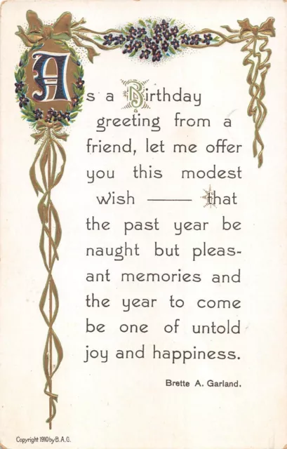 Violets & Golden Ribbons With 1910 Birthday Motto Postcard by Brette A. Garland