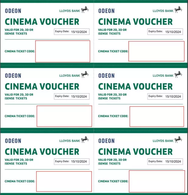 6 x Club Lloyds Odeon Cinema Tickets for iSense 2D 3D Films - Expiry 15/10/2024