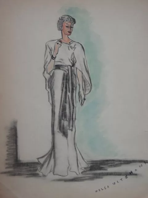 Weiße Stola - Helga Maria Ultzmann - signierte kol. Zeichnung Theater Mode 1935