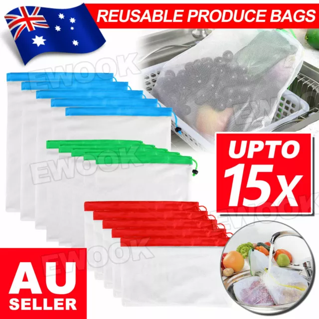 15Pcs Reusable Mesh Produce Bags Vegetable Fruit Storage Grocery AU