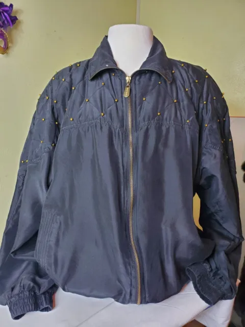 Vintage Fuda International Black Silk Zipper 2Pocket Woman's Size Large Jacket
