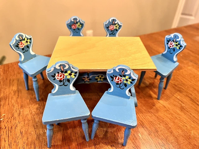 Dora Kuhn Blue Wood Doll House Furniture Germany Dining Set Chairs Table Floral Dora Kuhn Blue Wood Doll House Furniture Germany Dining Set Chairs Table Floral