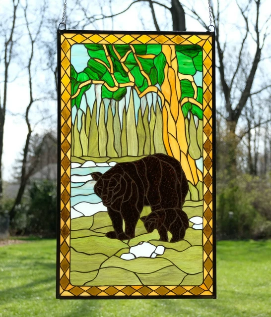 20.5" x 34.75" Bear Mother & Son Handcrafted stained glass window panel 22106
