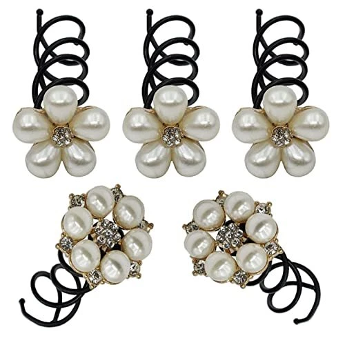 5PCS Imitation Pearl Spiral Twist Screw Hair Pins Rhinestone Flower Hair Clips