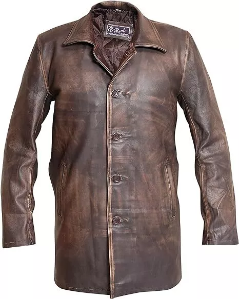 Distressed Brown Real Cowhide Leather Jacket Coat