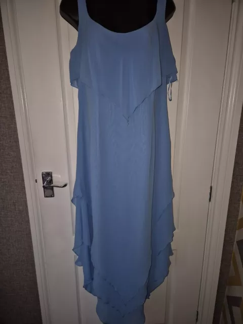 Frank Usher Sky Blue Floaty Tiered Evening Maxi Dress Aseymetric Size 16