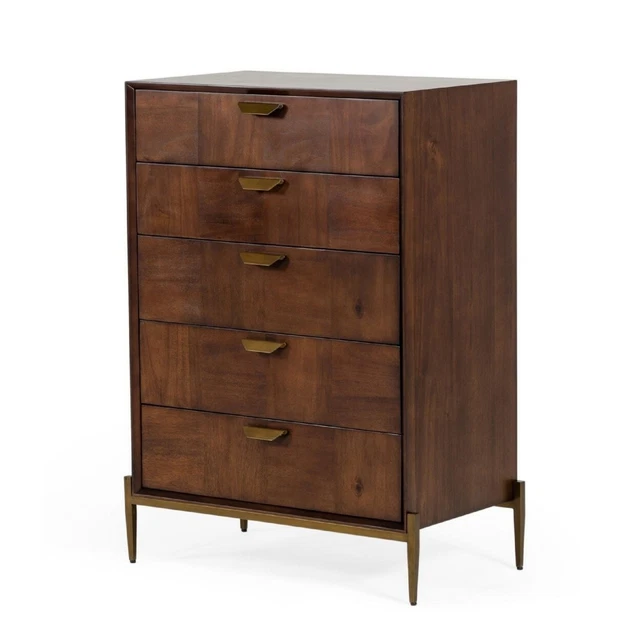 Cid 45 Inch Modern Tall Tuscany Dresser Chest, 5 Drawers, Brass, Brown- Saltoro