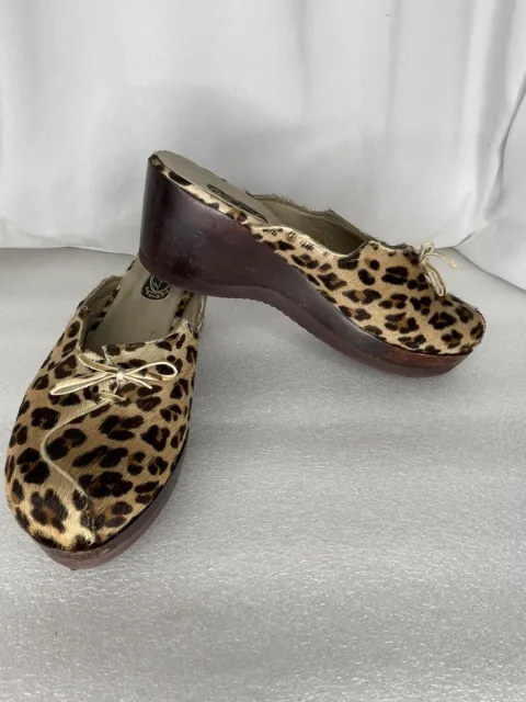 SALPY Montana Sz 6 Leopard Calf Hair Bows Clogs Mules Wedges Heels Women Shoes