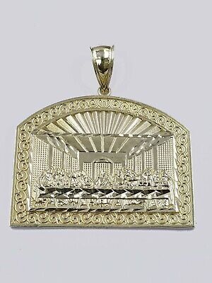 10K Jesus Yellow Gold Last supper Diamond Cut Charm Pendant  2 Inches Real