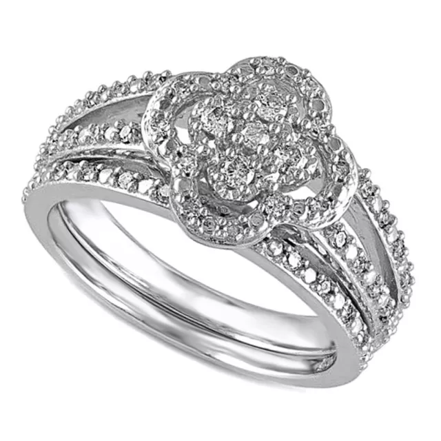 1/3 Carat Diamond 10k White Gold Finish Flower Bridal Set Ring 2