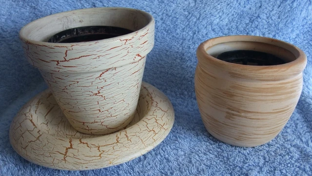 2x Keramik Übertöpfe Blumentöpfe beige marmoriert +2x Innentöpfe schwarz 7+5cm