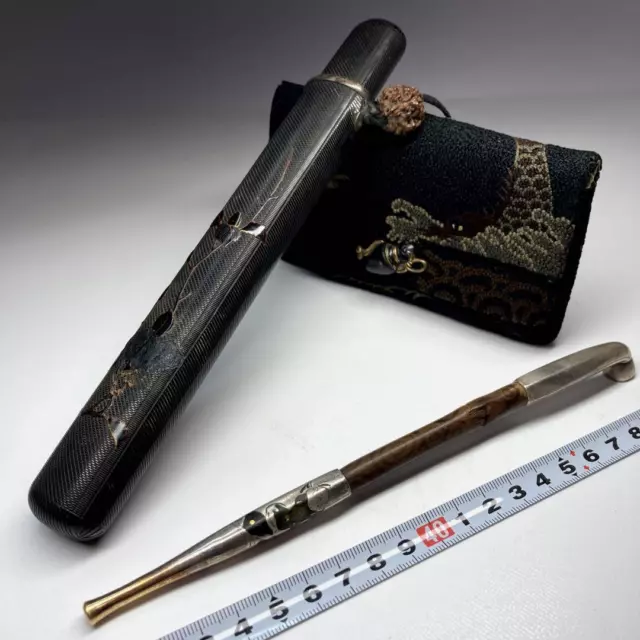 antique silver smoking pipe Kiseru person engraving & leather case Japanese
