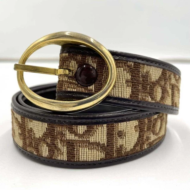 Christian Dior Belt Womens Logo Oblique Jacquard Trotter Pattern Leather Beige