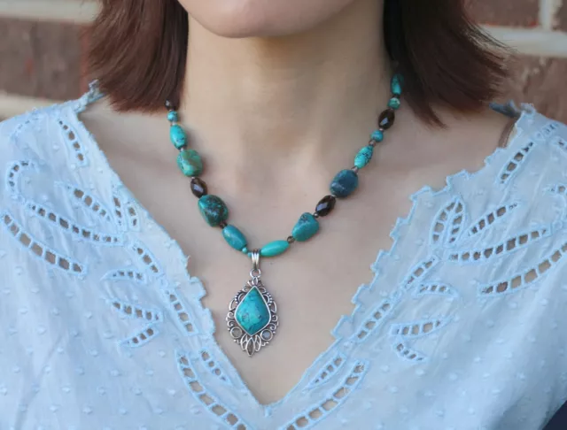 Vintage BARSE Blue Turquoise, Smoky Quartz & Sterling Silver Pendant Necklace