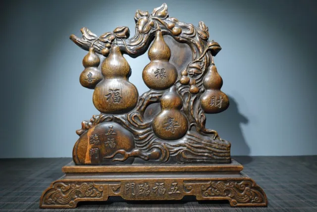 Chinese Vintage Rosewood Carved Exquisite Gourd Screen Statue Home Decor Art