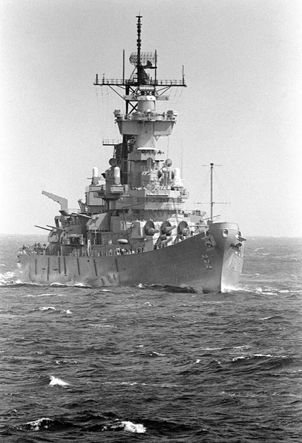 USS Midway CV-41 steaming alongside the Battleship USS New Jersey BB-62