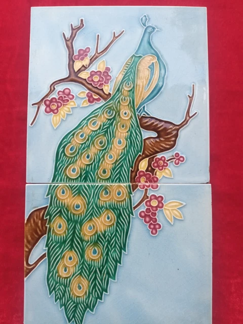 1 Piece Set  Peacock Design Old Art Deco Majolica Ceramic Tiles Japan 0317 9