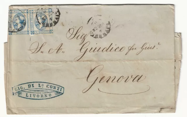 Regno - Coppia 15 cent. litografici 1863 (I tipo) su piego per Genova
