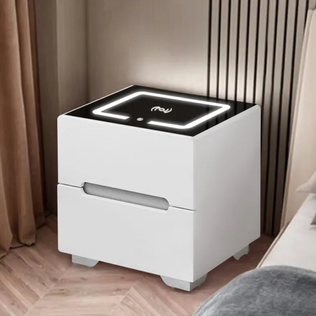 2 Drawers Bedside Table Wireless Charging LED Glass Top Nightstand Cabinet Unit