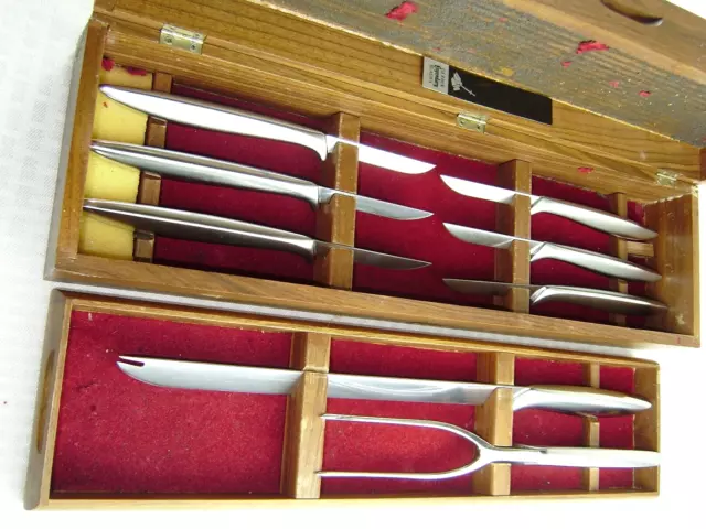 VINTAGE 8 PC GERBER LEGENDARY BLADES CARVING SET w/6 STEAK KNIVES WALNUT CASE