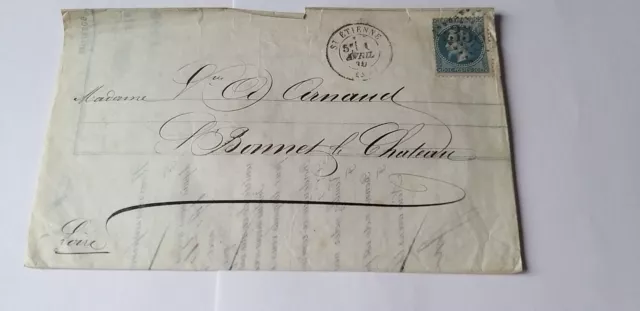 20 c Napoleon lauré  dentelé  sur lettre 1870  SAINT ETIENNE à BONNET LE CHATEAU