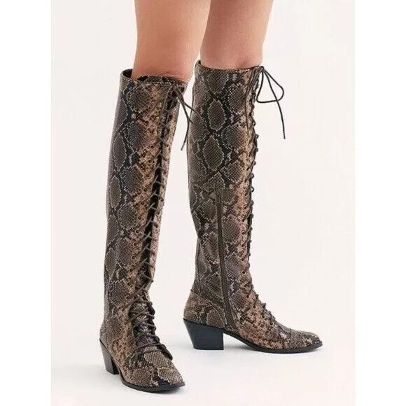 Free People Jeffrey Campbell Joe Lace Up Over the Knee Boots Snake Skin Size 8.5