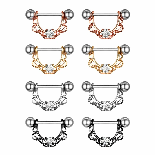 Pair of CZ Centered Drop Surgical Steel U-Shaped Nipple Rings Barbells 14G 5/8"