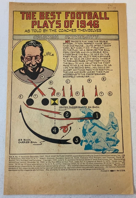 1947 cartoon sports page ~ LOU LITTLE Columbia Football