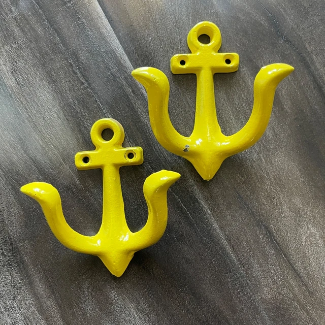 Vintage Nautical Cast Iron Yellow Wall Decor Coat Hooks Lot of 2