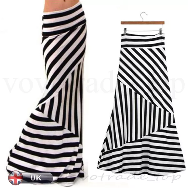 AU Womens Celeb High Waist Striped Pencil Ladies Bodycon Stretch Long Maxi Skirt