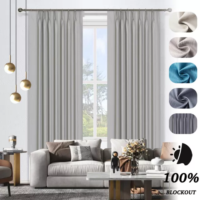 2x 100% Blockout Pinch Pleat Curtains Pair 213/221/250cm Drop for Living Bedroom