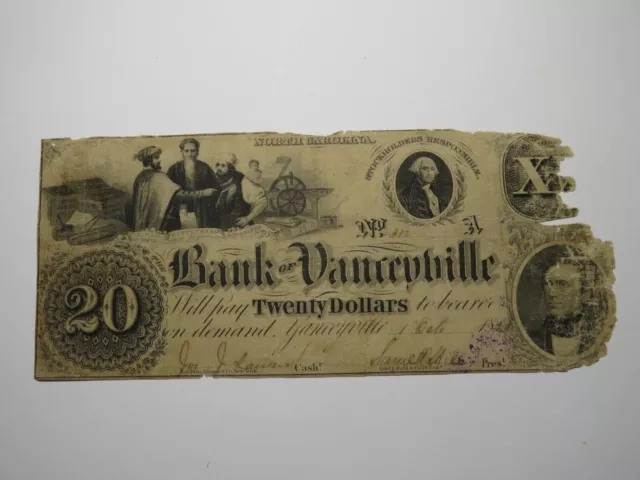 $20 1853 Yanceyville North Carolina NC Obsolete Currency Bank Note Bill Yancey