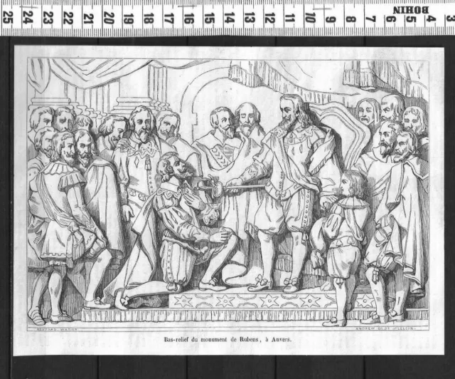 G209  / Gravure 1850 /  Bas Relief Du Monument De Rubens A  Anvers