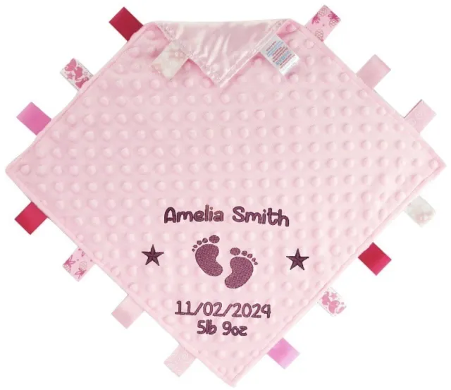 Persoalised Baby Taggy Blanket Sensory Soft Toy Comforter With Name Satin Tags