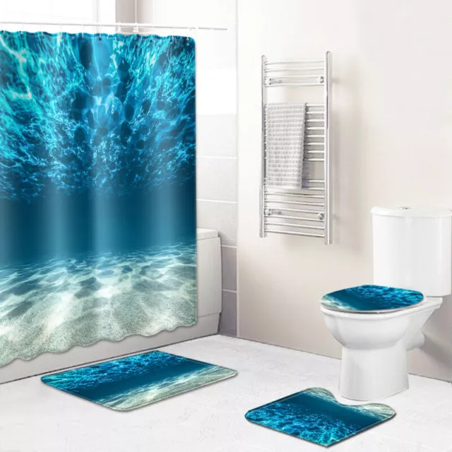 Ocean Shower Curtain Bathroom Rug Set Thick Bath Mat Non-Slip Toilet Cover*