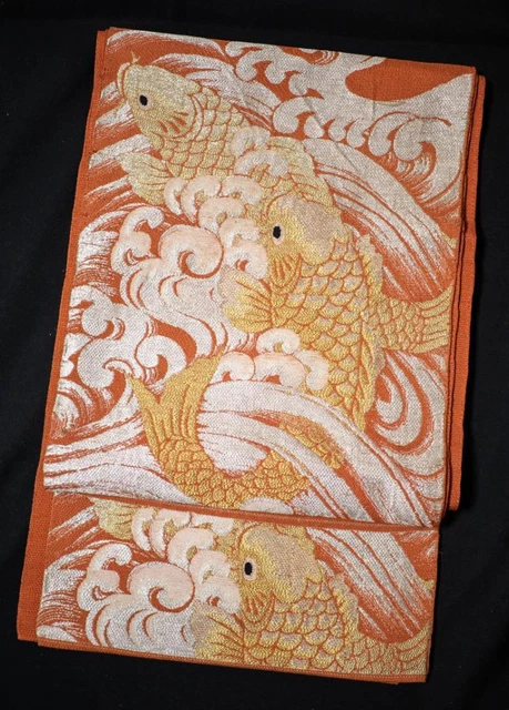 Japanese used Maru OBI KIMONO belt Pure Silk traditional woven fabric Carp Fish