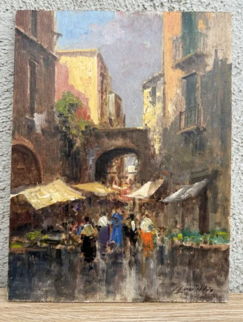 Quadro vintage -Mercato- dipinto a olio su tavoletta