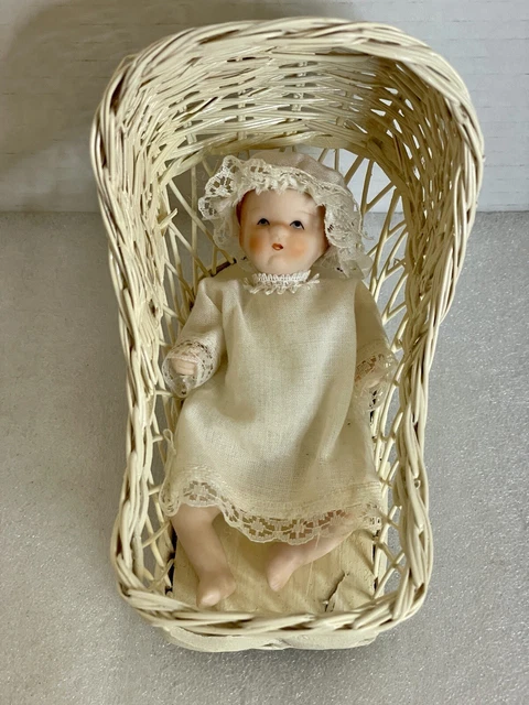 Baby Doll Bisque Porcelain Cloth Body Handmade Dress Hat Wicker Carriage Vintage