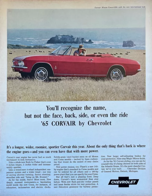 1965 Vintage Print Ad Red Chevy Corvair Monza Convertible