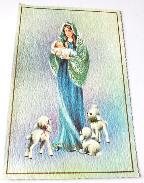 Vintage Christmas Card Mother Mary with Baby Jesus Cute Lambs