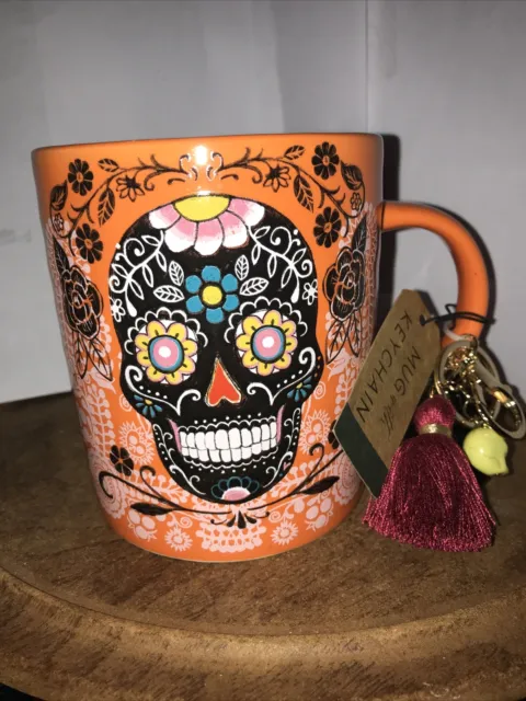 Prima Design Sugar Skull Coffee Mug and Key Chain Set Orange 24 ounce capacity