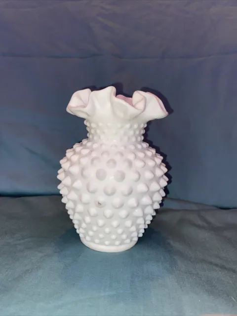 Vintage Fenton White Milk Glass Hobnail Crimped Ruffled Edge Vase - 5 1/2" H