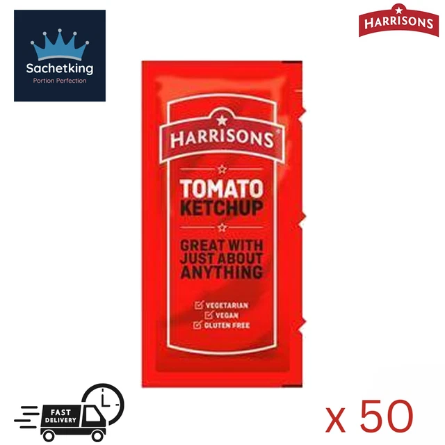 50 X HARRISONS TOMATO KETCHUP Sachets 10ml RED SAUCE Individual Single