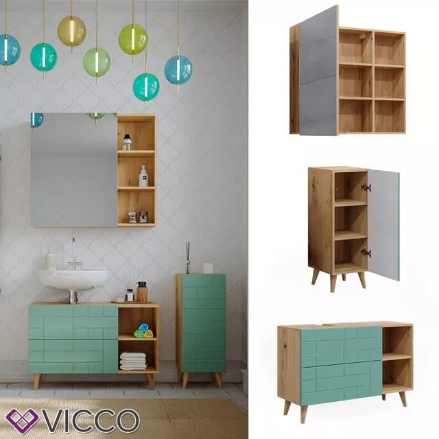 Badmöbel-Set Rudi in Eiche Evoke Mintgrün, Badezimmer, modern, 3-teilig Vicco