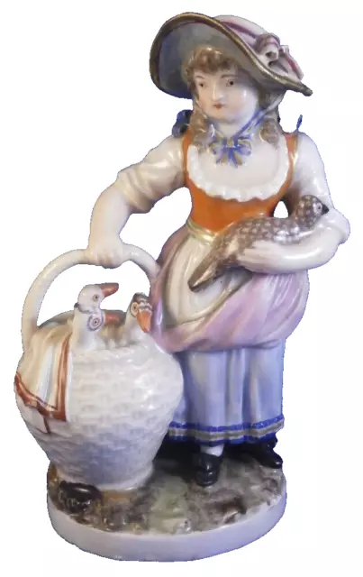 Antigüedad 19thC Ludwigsburg Porcelana Señora Con / Pájaros Estatuilla De